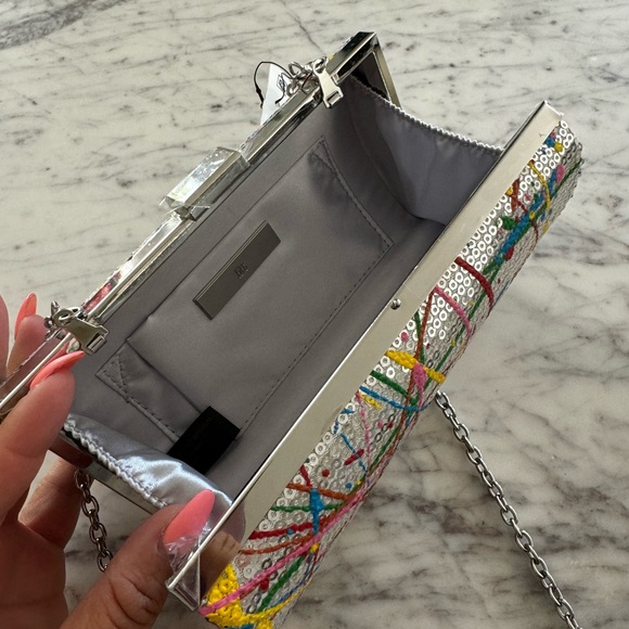 New INC Sequin Sparkling Rainbow Clasp Box Crossbody Clutch 7" W 5" H 2.5" D - Picture 4 of 6